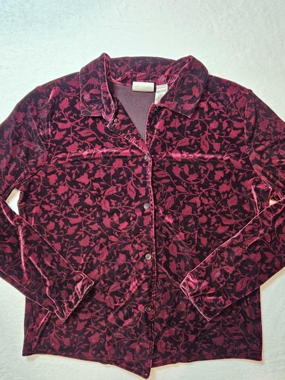 Liz Claiborne Red Floral Velvet Button-Front Shirt Whimsy Grunge S Vampcore